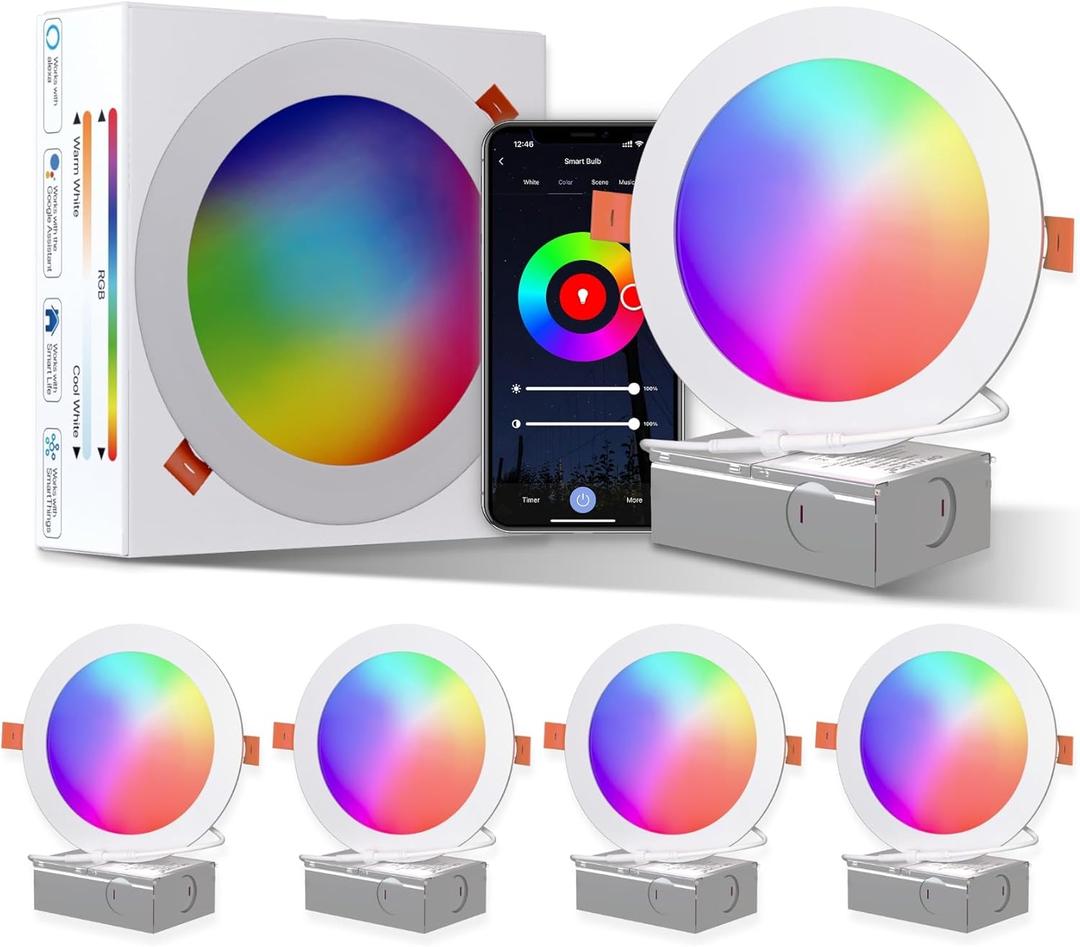 ORALUCE Smart Recessed Lighting 6 Inch, WiFiBluetooth Color Changing Retrofit LED Can Lights, 13W 1050LM RGBCW 2700-6500K Ultra-Thin Wafer Lights Compatible with Alexa/Google Assistant, 4Pack