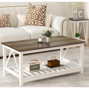 Coffee Table with Storage Small White Farmhouse Coffee Table for Livingroom | Farmhouse Style , Coffee table , Walnut Top , 2-Tier Slat Shelf , V-Shape Frame , 39.4" L x 21.6" W ,Sturdy Frame, 21.6Dx39.4"Wx17.8"H