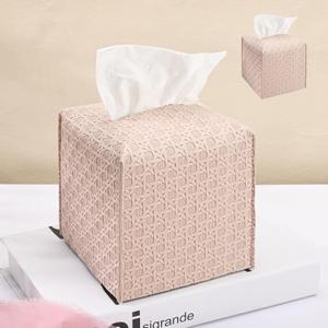 2 x HOMOTEK 2 Pack Tissue Box Cover, Square PU Leather Tissue Holder, Decorative Facial Tissue Cube Paper Organizer Dispenser for Bathroom, Night Stands, Desk, Car 5X5X5'' - Rattan Weave,Macaron Pink