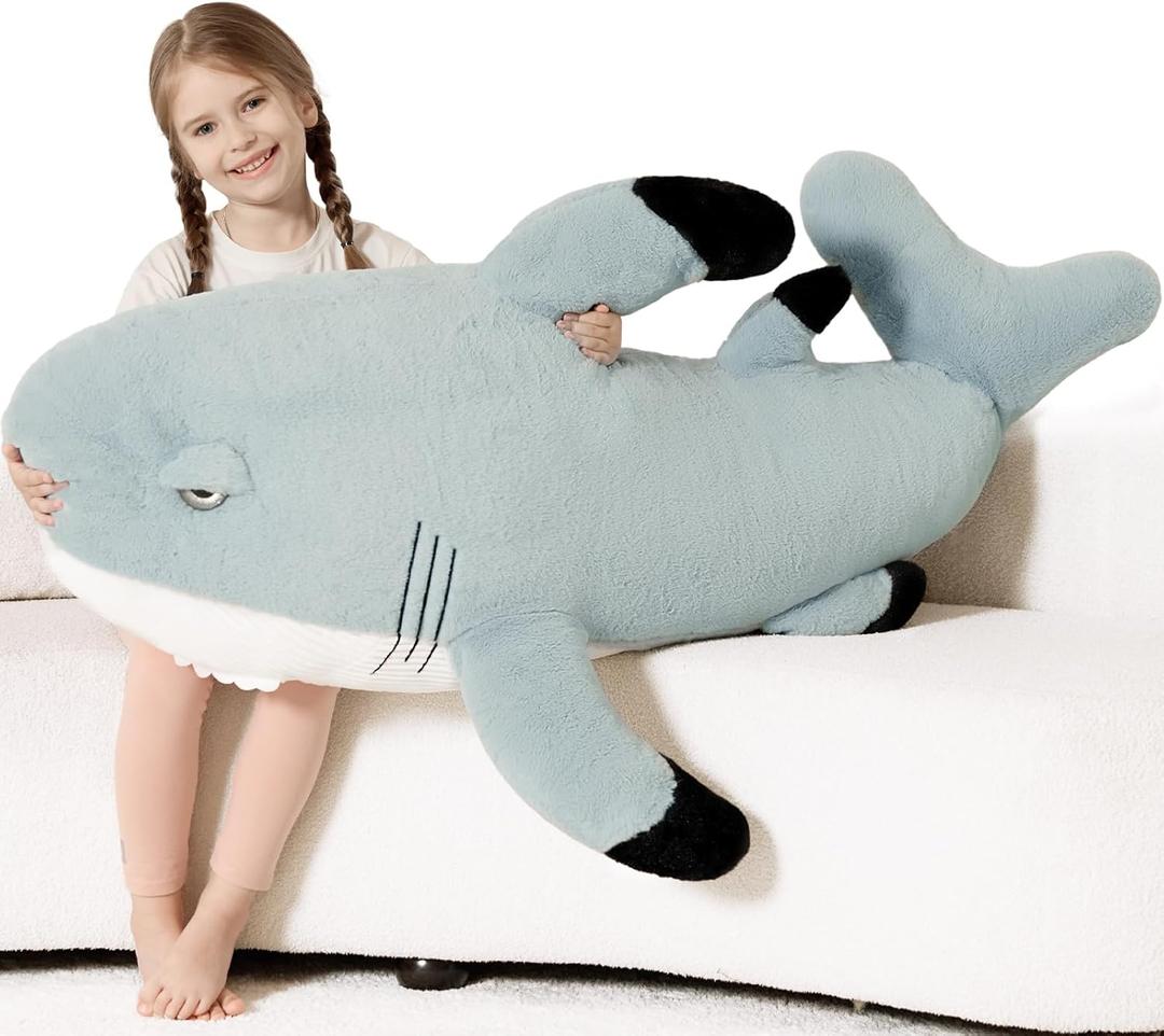 Tezituor 51inches Giant Great White Shark Stuffed Animals, 4.3ft Oversize Gray Stuffed Shark Plush Body Pillow for Girls Boys, Realistic Ocean Plush Toy Christmas Birthday Gift Decora for Kids Adults