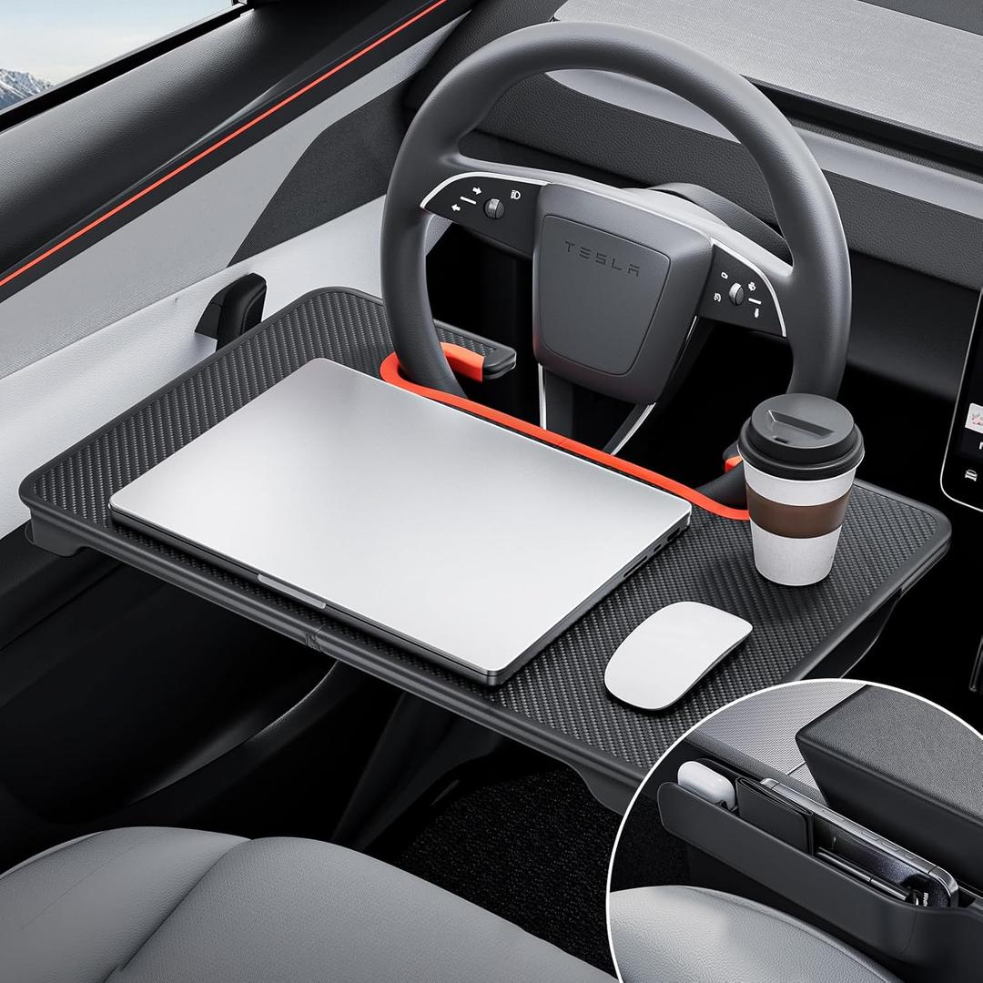 YONZEE 2-in-1 Car Steering Wheel Desk Tray & Car Seat Gap Filler Organizer  Foldable Carbon Fiber Look Table for Laptop, Eating, Writing  for Standard Round Steering Wheels (Orange)