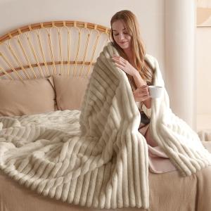 Throw Blanket Beige for Couch Sofa Bed,Faux Fur Fluffy & Warm Fuzzy Cozy Blanket Thick Shaggy Flannel Blanket,60 x 79 Inches