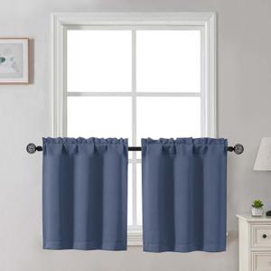 Gwine 24 Inch Long Tier Curtains for Small Window, Short Blackout Kitchen Curtains Over Sink, Half Window Drapes for Bedroom Bathroom Basement, 2 PCS, Each 30" Wx24 L, Denim Blue