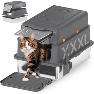 Homegroove XXXL Stainless Steel Litter Box with Lid, 28''x20''x18'' Extra Large Cat Litter Box with Litter Scoop & Pedal, Enclosed Metal Cat Litter Pan for Large & Multi-Cats, Anti-Leakage (Grey)