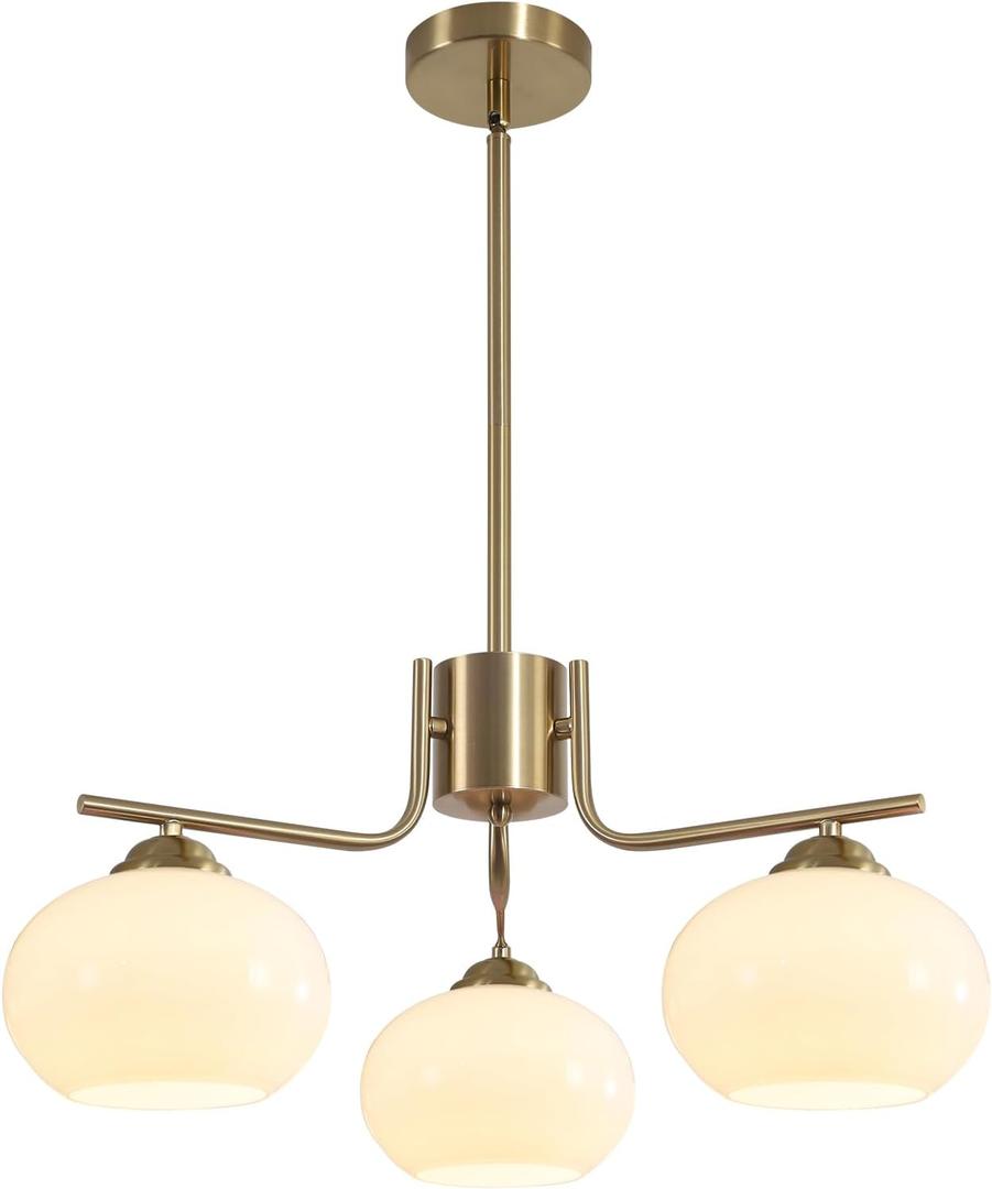 KCO Lighting Mid Century Modern Globe Pendant Light 3-Light Milk Glass Chandelier Gold Sputnik Chandelier Light Fixture Brushed Brass Pendant Lighting for Kitchen Island (3-Light)