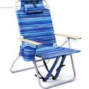 Tall Beach Chairs for Adults, 17" High Backpack Beach Chair with Wooden Armrests, 5 Positions Reclining Heavy Duty Chair with Large Cooler Pouch, Support to 350LBS Striped Blue,1pack