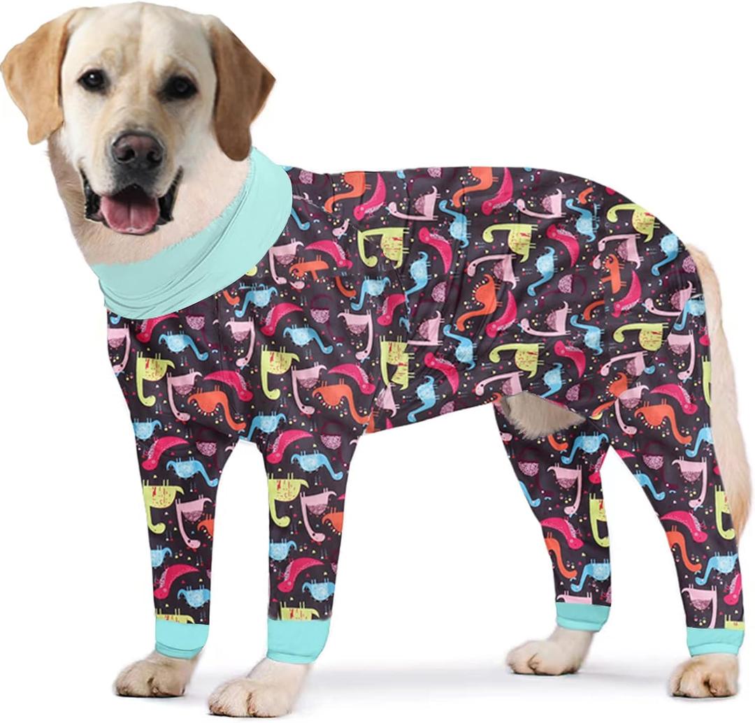 Dog Surgery Recovery Suit Dinosaur Printed Long Sleeve Shirts Soft Pajamas Onesie Jumpsuit Prevent Licking Dogs Shedding Suit for Large Dogs (Dark grey, Large)
