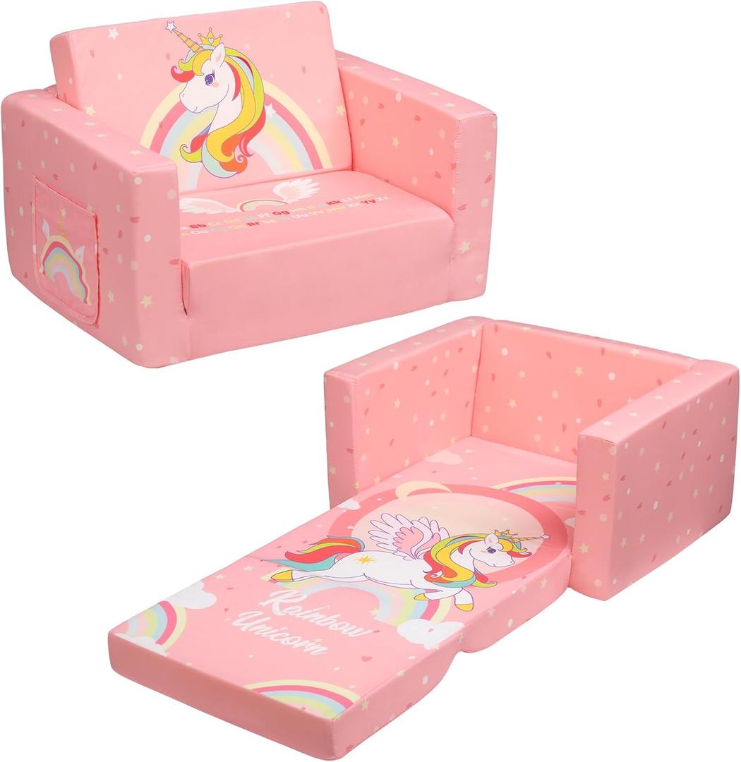 ALIMORDEN 2-in-1 Flip Out Comfy Toddler Couch, Lovely Kids Chair Convertible Sofa to Lounger for Story/Nap Time, Pink Unicorn