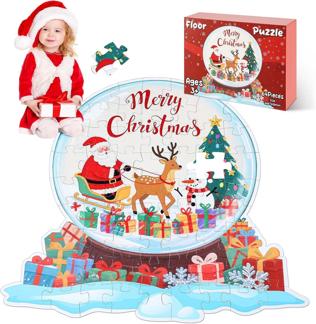 Juexica Santa Claus Floor Puzzle for Kids Ages 3+, 26 x 24 Inches Extra Large Winter Elk Xmas Tree Merry Christmas Puzzle for Age 3-8 Girls & Boys Toddle Gift, 64 Pieces