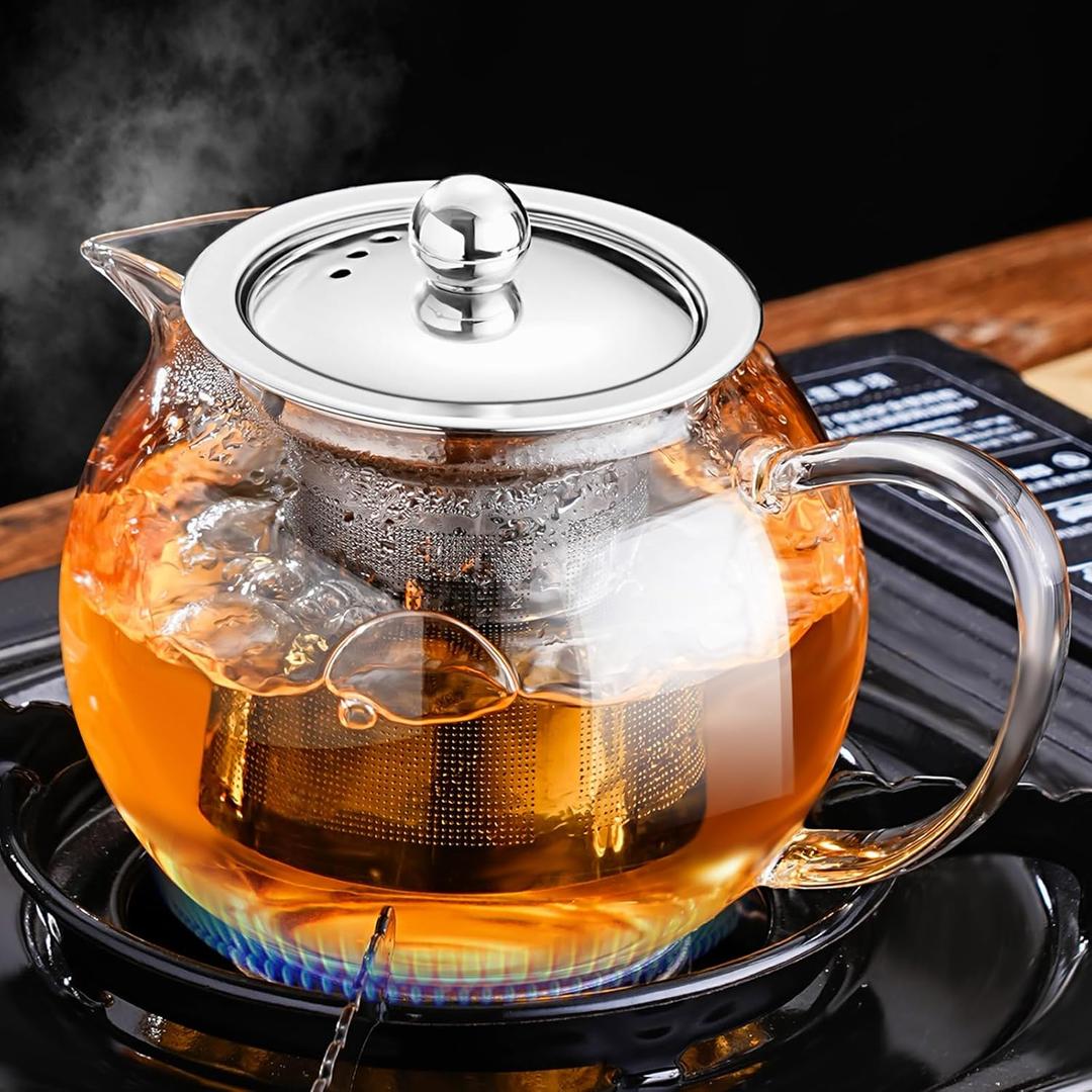 PARACITY Glass Teapot Stovetop 22 OZ/650ml, Tea pot with Removable 18/8 Stainless Steel Infuser, Borosilicate Clear Tea Kettle, Teapot Blooming and Loose Leaf Tea Maker Tea Brewer for Camping, Travel