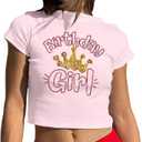 Birthday Shirt Women Birthday Girl Graphic Tee Funny Crop Top Glitter Short Sleeve Crewneck Outfit (Pink, L)