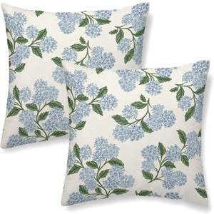 Blue Throw Pillow Covers 18x18 Inch 2 Pcs Blue Green Hydrangea Floral Outdoor Decor Pillow Covers Vintage Flower Spring Summer Seasonal Decorative Pillowcase Linen Cushion Cover for Couch Sofa