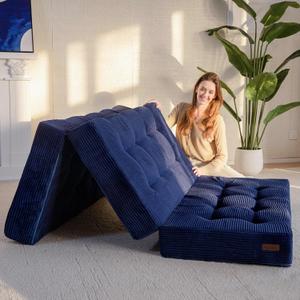 MAXYOYO Tri-Fold Mattress, 6 Inch Tufted Folding Futon Foam Bed, Foldable Floor Mattress Guest Bed Futon Topper Portable Camping Sleeping with Corded Fabric, Navy, 35.4"x75" (Twin)