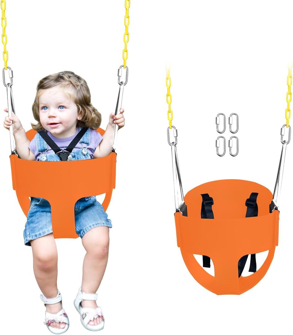 High Back Full Bucket Toddler Swing Seat with 3- Point Adjustable Safety Harness, 66 inch Detachable Chain,Suitable for Babies Aged 6-24 MonthsBaby Swing for Swingset (Pink) (Orange)