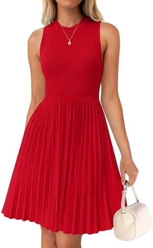 ZESICA Women's Summer Sleeveless Mini Dress 2026 Crewneck A Line Knit Pleated Swing Business Casual Work Party Short Dresses, L