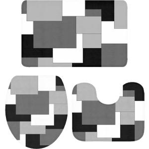 Farmhouse Bathroom Rugs Mat Sets 3 Piece, Abstract Art White Black Gray Splice Bathroom Decor Mat Set with Non-Slip Rug, Toilet Lid Cover and Bath Mat Accessories (Large: 20x31in+16x18in+16x20in, Color Blockyan6442)