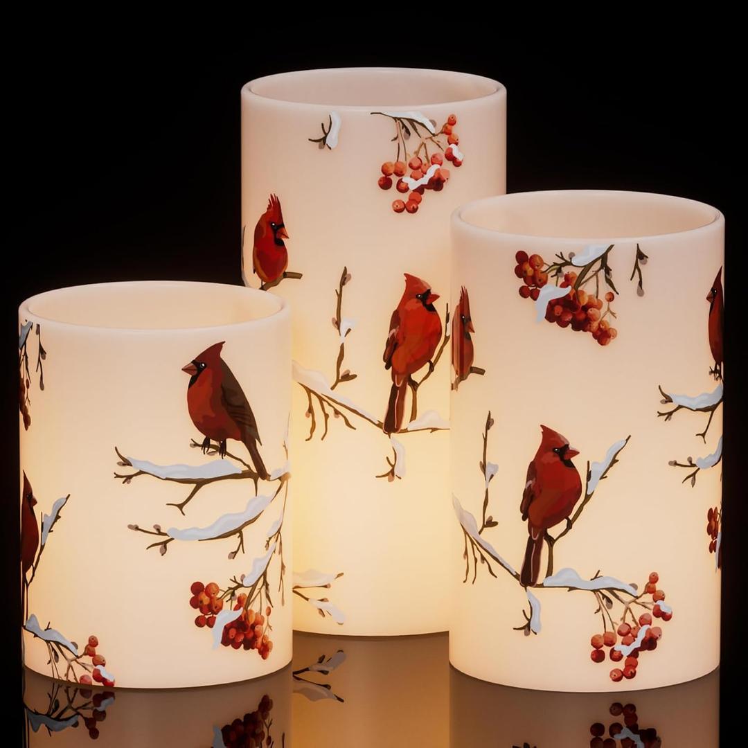GenSwin Red Bird Flameless Candles with Timer, LED Candles with 3D Wick, Real Wax Pillar Candles for Halloween Christmas Indoor Decorations(D3 x H456)