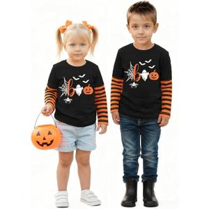 Toddler Halloween Shirts Boys Girls Spooky Pumpkin Skeleton Graphic Sweatshirt Halloween Kids Long Sleeve Tops 2-9 Years (Orange)
