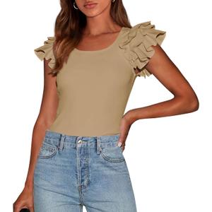 PRETTYGARDEN Women's Ruffle Short Sleeve Shirts 2026 Summer Casual Basic Tee Cute Fitted Crew Neck Fashion Tops Clothes (Khaki)