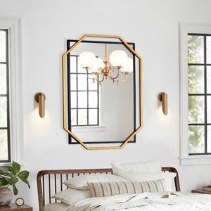 Bathroom Mirror, 40" x 28" Decorative Wall Mirror for Wall, Black and Gold Frame, Modern Metal Octagonal, for Living Room, Dining Room, Entryway