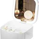 Portable Jewelry Box with LED Mirror, White, 3.5 x 3.5 x 1.8 inches, Travel Size Organizer