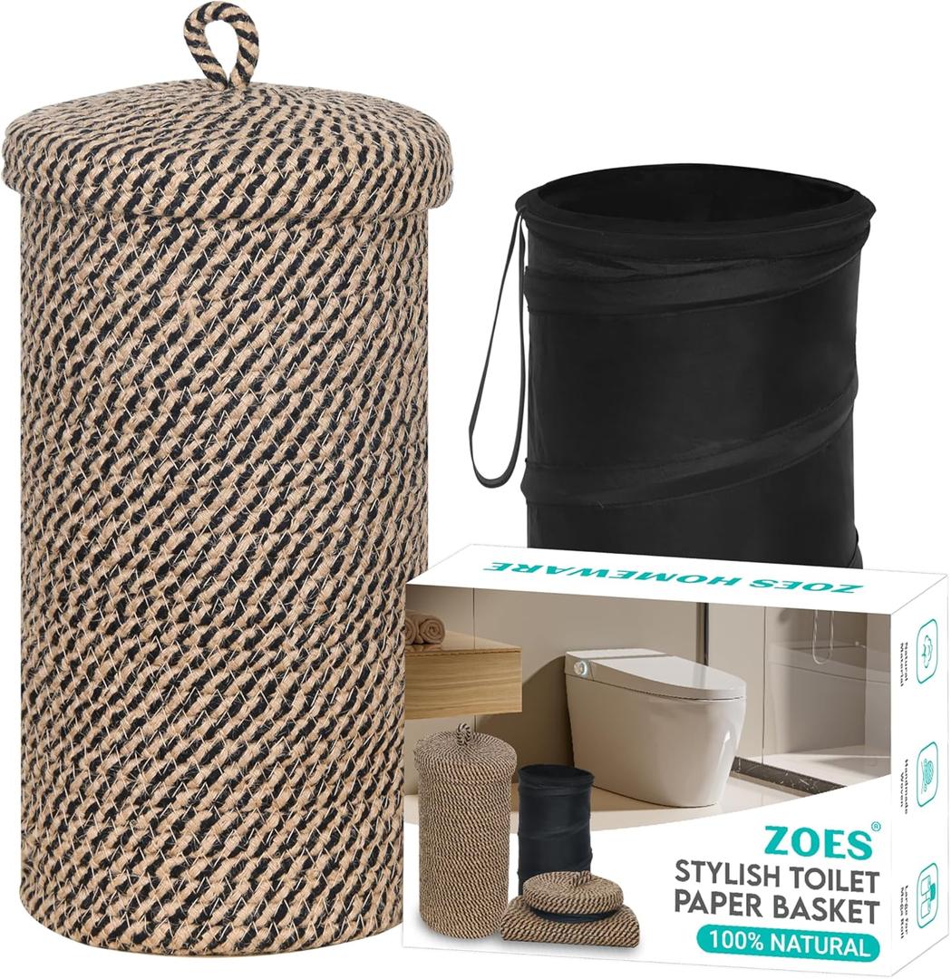 Jute Toilet Paper Storage Basket with Lid,Bathroom Toilet Paper Holder Stand for 3 Mega Rolls,Tissue Holder for Bathroom with Removable Waterproof Insert, 7"x7"x13.5"