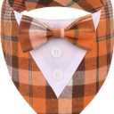 ADOGGYGO Fall Dog Tuxedo Bandana, Orange Plaid Pet Tux Collar with Bowtie, Adjustable Halloween Thanksgiving Formal Costume for Medium Large Dogs Pets (L)