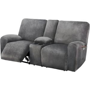 ULTICOR Reclining Loveseat with Middle Console Slipcover, 8-Piece Velvet Stretch Sofa Covers, 2 seat Loveseat Recliner Cover, Thick, Soft, Washable (Dark Grey)