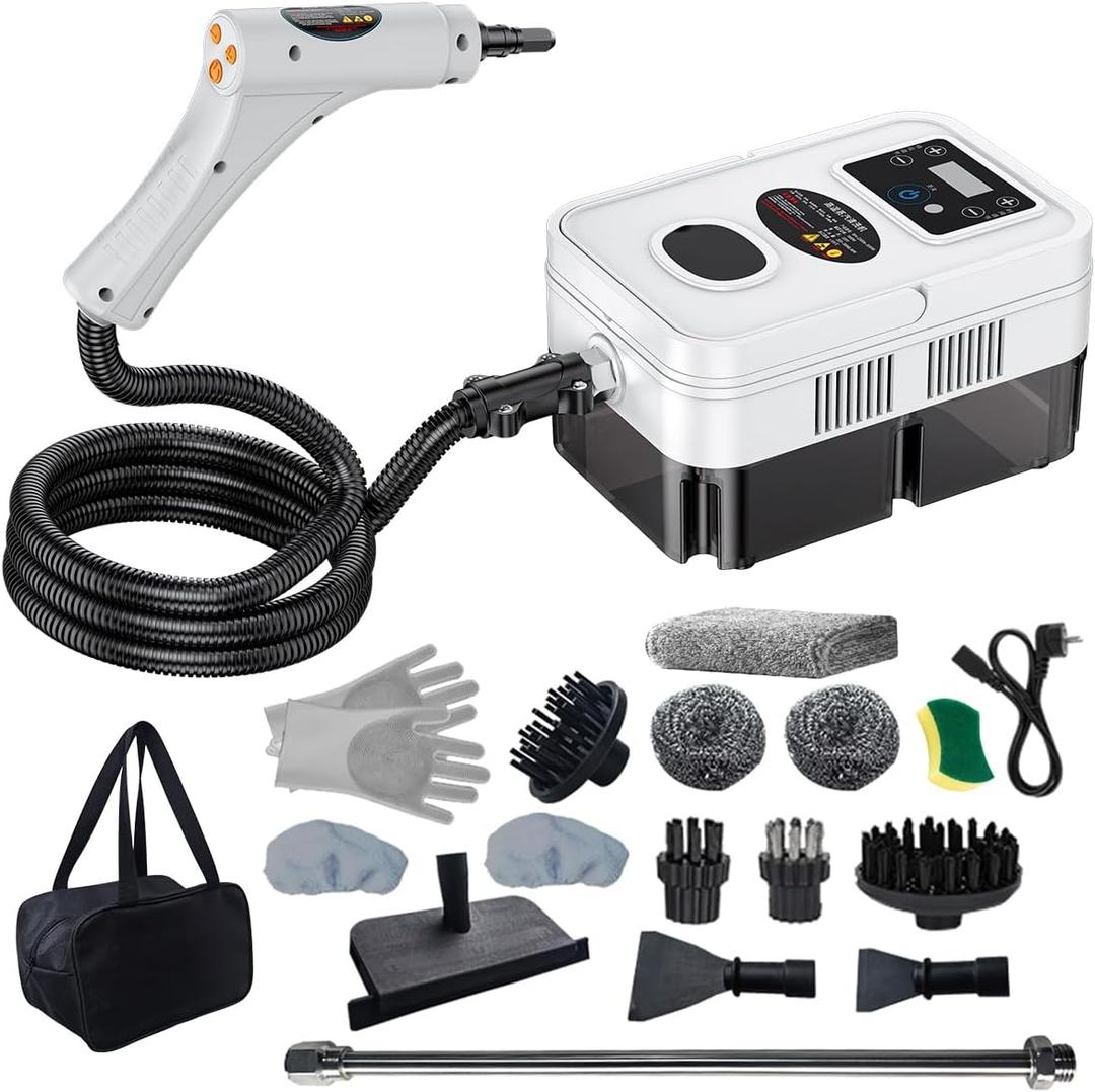 Handheld Steam Cleaner with Adjustable Handle 2500W High Temperature High Pressure Steam Cleaner with 3 Brush Heads Steam Cleaner for Home Furniture Kitchen Bathroom Grout and Tile (White)