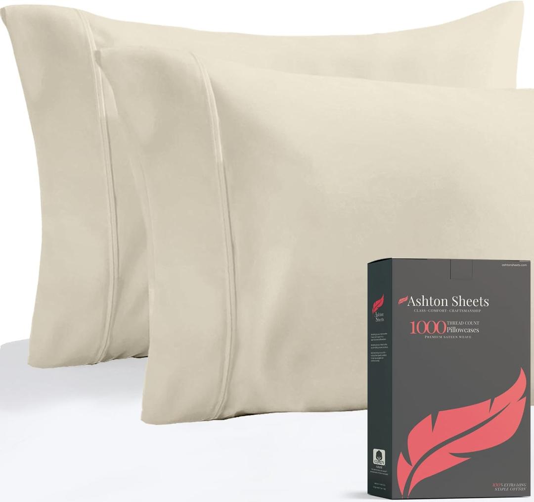 Ashton Sheets Luxury Egyptian Cotton King Pillow Cases Set of 2 - High Thread Count King Pillowcases, Ultra Soft, Sateen Weave Cooling Pillowcase, Extra Long Staple Hotel Quality Pillow Cover - Ivory