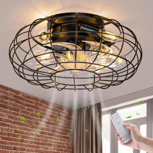 Ceiling Fan with Lights, 16 Inch Caged Ceiling Fan Lights Remote Control Small Industrial Ceiling Fan Light Fixture Flush Mount Farmhouse Light 8 Speeds Bladeless Lights for Bedroom Kitchen, Black 
