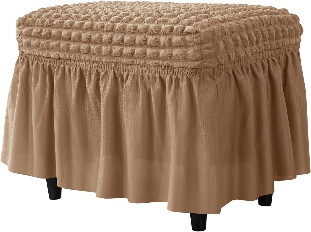 Bubble Ottoman Cover with Skirt, Stretch Ottoman Slipcover, Textured Footstool Cover, Decorative Ottoman Protector with Elastic Fit for Living Room(Light Brown)