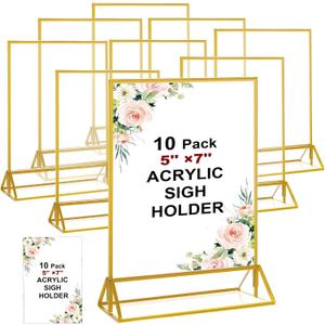 Acrux7 10 PCS 5x7 Inch Gold Frames Acrylic Sign Holder, Double Sided Picture Frame, Acrylic Gold Picture Frames Menu Display Sign Holder Stand for Wedding Table Numbers, Restaurants, Home, Stores