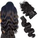 Essent Seamless Body Wave Clip in Hair Extensions Seamless Real Human Hair, 20 Inch 1Pack 130g 7Pcs Human Hair Extensions for Women Natural Black