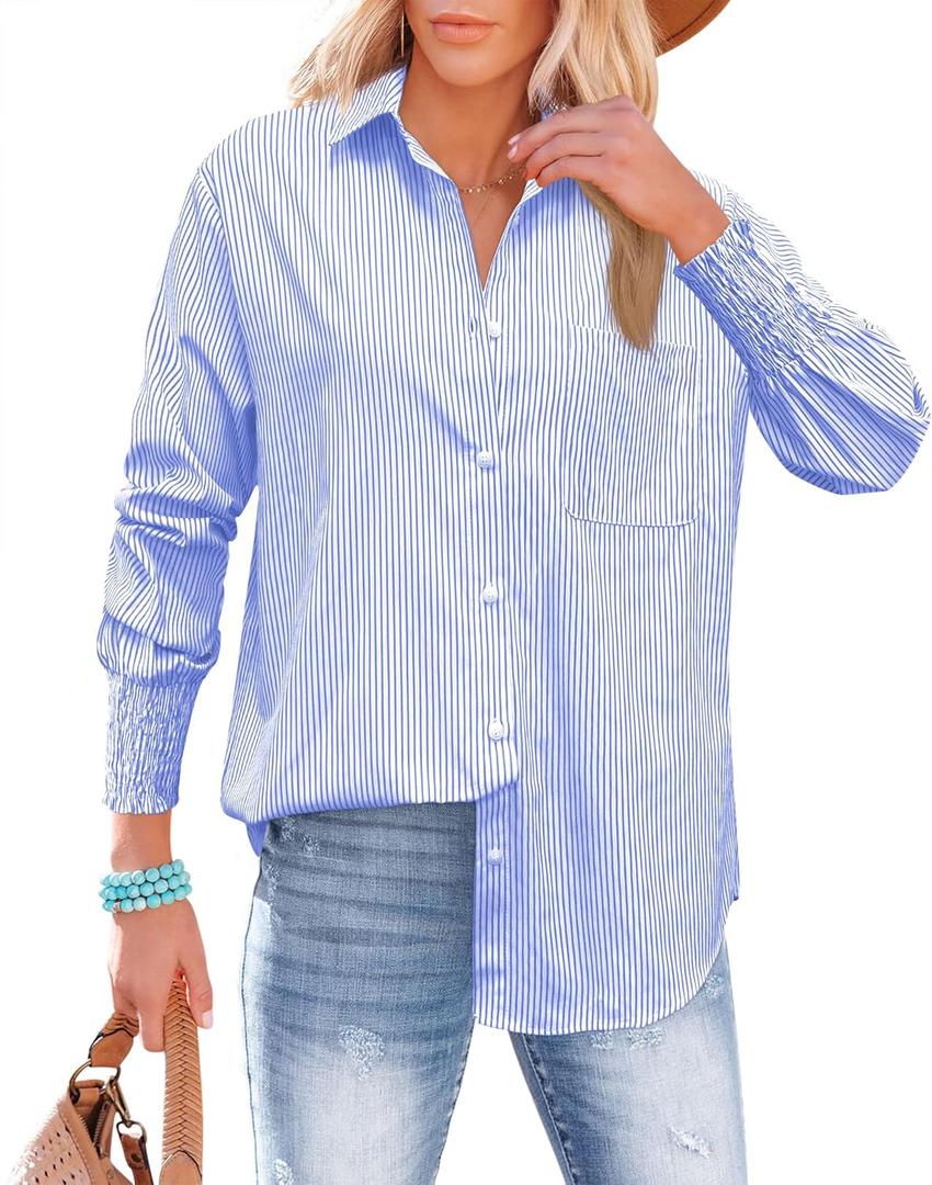 OMSJ Womens Striped Button Down Shirts Smocked Cuffed Sleeve Stylish Collared Office Work Blouses with Pocket (M)