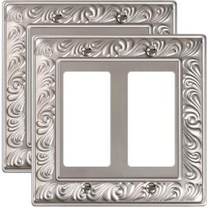 2-Pack Double Decorator Outlet Cover Plate, Paisley Pattern Decorative Switch Plates and Outlet Covers, 2 Gang Satin Nickel Metal Wall Plates, Corrosion Resistant