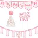 1/2 Birthday Girl Half Birthday Decorations Pink Bow It's My 1/2 Birth Banner Glitter Cake Topper Ribbon Bow Wood Bead High Chair Banner & Cone Hat 6 Months birthday Decorations Party Supplies (Pink)