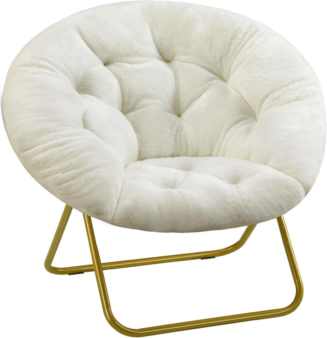 Sweetcrispy Cozy Saucer Chairs Faux Fur Living Room Reading Lounge Furniture Folding Comfy with Soft Thick Padded Seat Metal Frame Modern Style for Bedroom Home Adults, X-Large, White