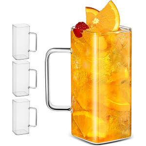 Drinking Glasses 13 oz With Handle,Set of 6 Thin Square Glasses,Elegant Bar Glassware For Water,Juice,Beer, Drinks,and Cocktails and Mixed Drinks,Lead-Free Drink Tumblers