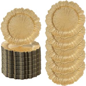 MAONAME 13" Gold Charger Plates Set of 50, Reef Plate Charger Bulk, Round for Dinner Plates, Plastic Table Charger for Wedding Decor