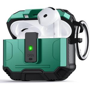 for AirPods 4 Case Cover [Safety Lock] [Magnetic One-Click Open] [Military Shockproof Armor] Double Rugged Outdoor Wireless Charging Case for AirPods 4th Generation with Keychain, Forest Green