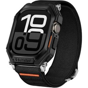 Suitisbest Stretchy Nylon Band Compatible with Apple Watch 46mm with Rugged Case Protective Cover, for Apple Watch Series 10, Durable Sport iWatch Strap for Men Women, Black