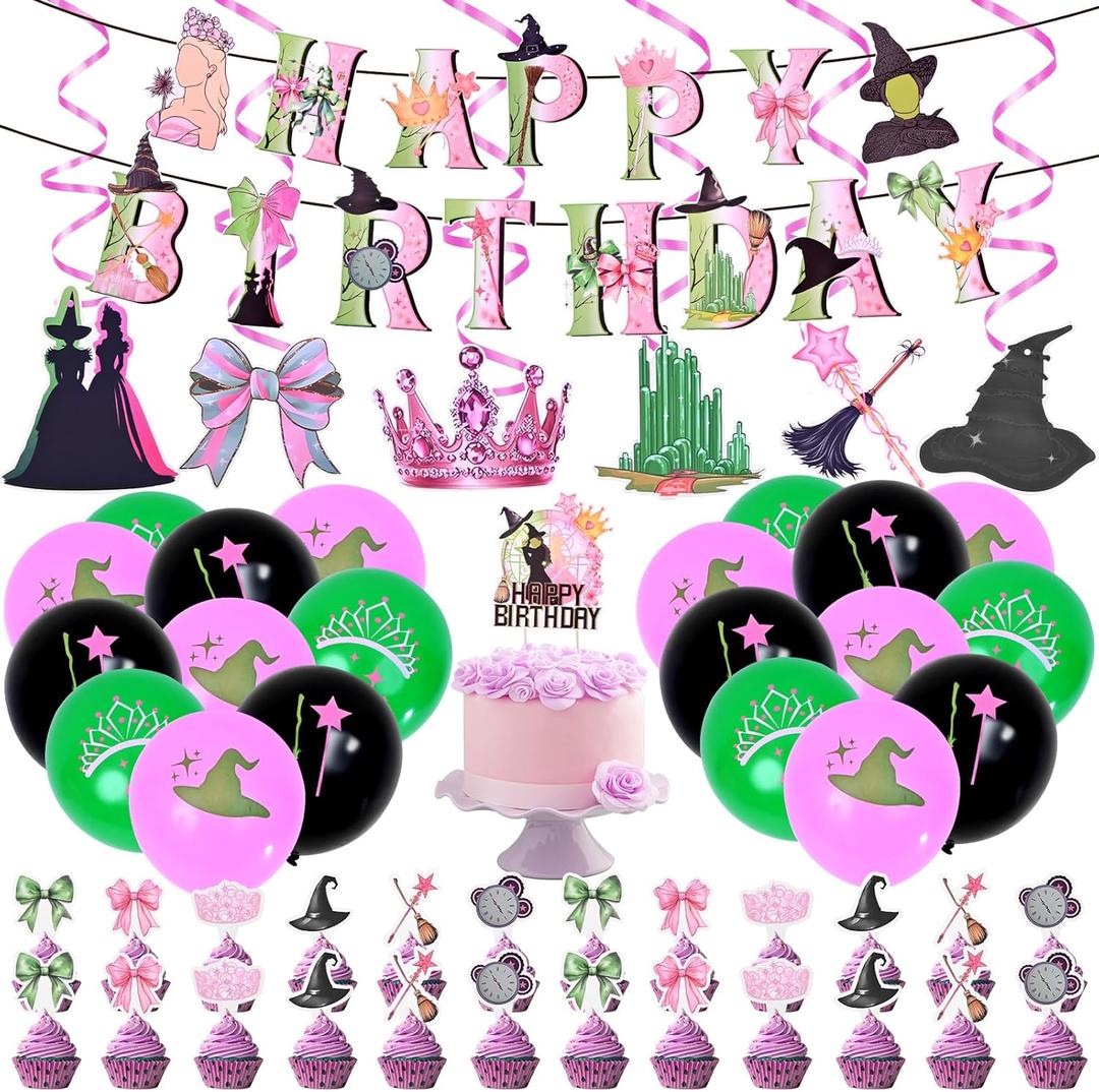 Pink and Green Witch Birthday Happy Birthday Party Decorations, Witch Theme Party Supplies Set Include Banner, Balloons and Cupcake Toppers for Girl's Party Decor