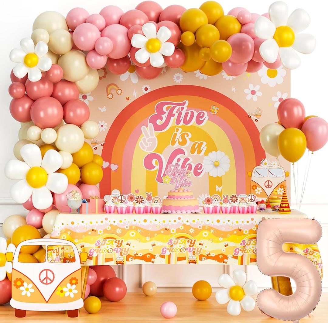 Five Is a Vibe Birthday Party Decorations Girl, Boho Floral Daisy Hippie Groovy 5th Party Decorations, Backdrop Balloon Garland Banner Cake Cupcake Topper