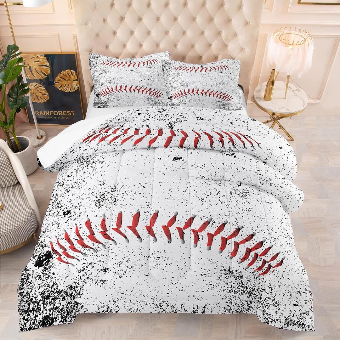 NINENINE Baseball Comforter Set, Full Size, Sports Bedding, White Comforter Set with 1 Comforter 2 Pillowcases