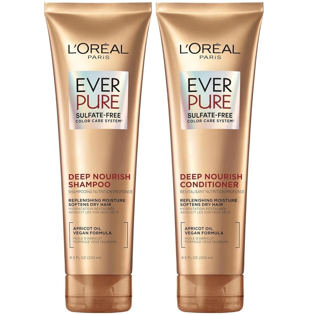 L'Oreal Paris Sulfate Free Shampoo and Conditioner for Dry Hair, Triple Action Hydration for Dry, Brittle or Color Treated Hair, Apricot Oil Infused Hair Care, EverPure, 8.5 Fl Oz, Set of 2 (17 Fl Oz)