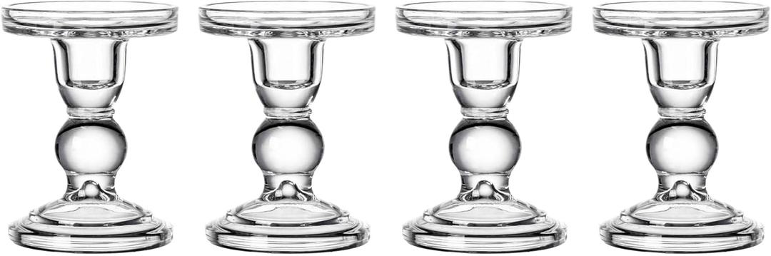 Glass Candle Holder Set of 4, Clear Candlestick Holders for Pillar Candles, 4.5" H, Candle Stand Decorations for Living Room