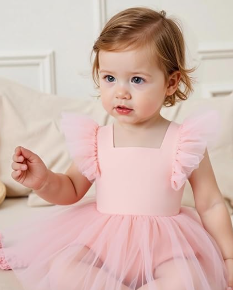 KARETT Baby Girl Romper Flutter Sleeve Back Bowknot Cotton Summer Dress with Diaper  (1-2T, Pink)