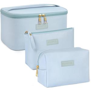 MAANGE Makeup Bag Large Cosmetic Bag with 2pcs Small Makeup Bags Portable Leather Travel Makeup Bag Set Toiletry Bag Make Up Bags for Women and Girls (Blue)