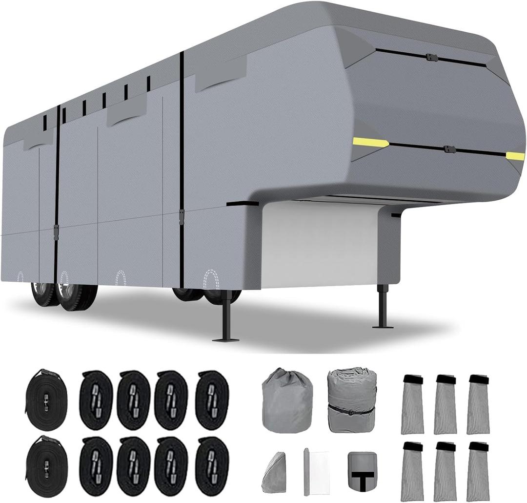 5th Wheel RV Cover-Upgraded 7Layers Heavy Duty RV Cover,Camper RV Cover Breathable,Waterproof Anti-UV Windproof Winter Camper Cover with Tongue Jack Cover,Windproof Ropes Gutter Covers (29'~ 33')